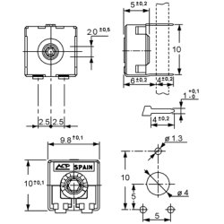 Trimmer R5/10 heksagon hul 500K Ohm horisontal