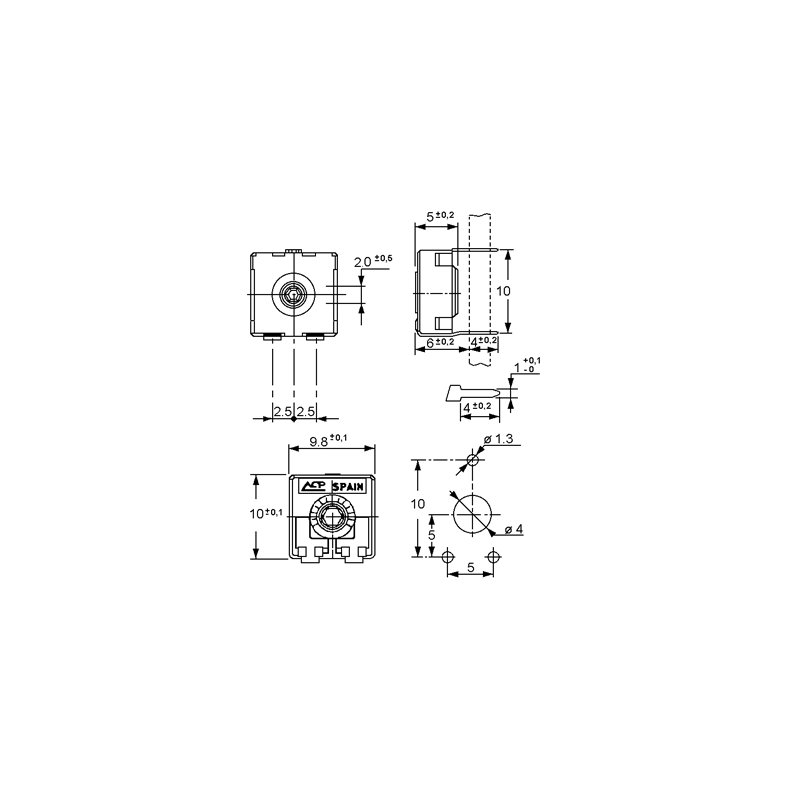 Trimmer R5/10 heksagon hul 500K Ohm horisontal