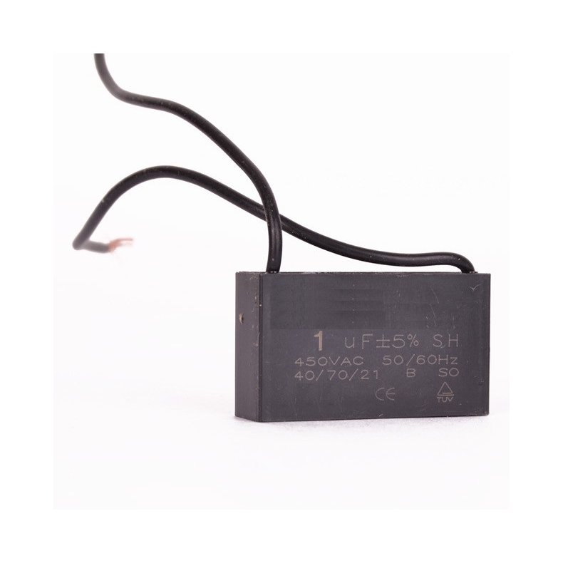 Motorkondensator 1�F 450Vac 36x10x20mm med ledninger