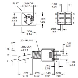 Vippeomskifter 2pl on-on 5mm DPDT 120Vac/3A Salecom