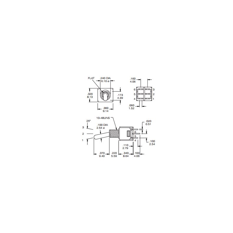 Vippeomskifter 2pl on-on 5mm DPDT 120Vac/3A Salecom