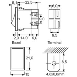 Vippeafbryder 1pl on-off sort SPST 10A/250Vac montagehul 19x13mm Arcolectric