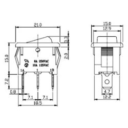 Vippeomskifter 1pl on-off-on SP3T 10A/125Vac 6A/250Vac montagehul 19x13mm