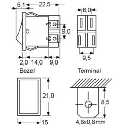 Vippeomskifter 2pl on-off sort DPST 10A/125VA 6A/250V montagehul 19x13mm Arcolectiric