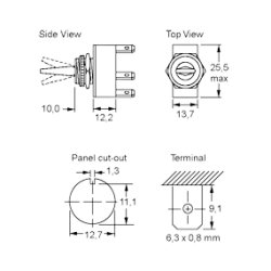 Vippeafbryder 1pl on-off sort SPST 12.7mm 250V/16A