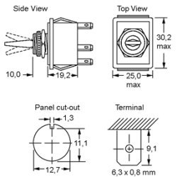 Vippeafbryder 2pl on-off sort DPST 12.7mm 250V/16A