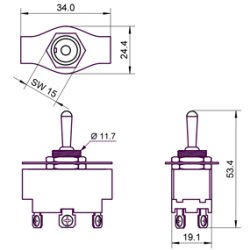 Kraftig vippeomskifter 2pl on-off-on DP3T 12mm 250V/6A