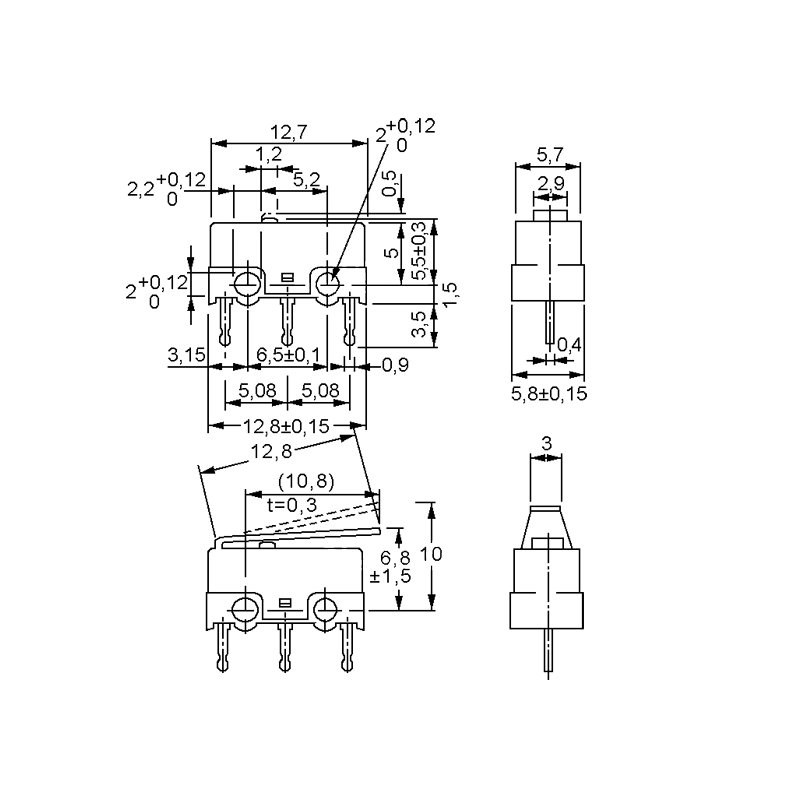 MICROSWITCH med ARM 0.1A 30VDC D2F01L PCB TERMINALER