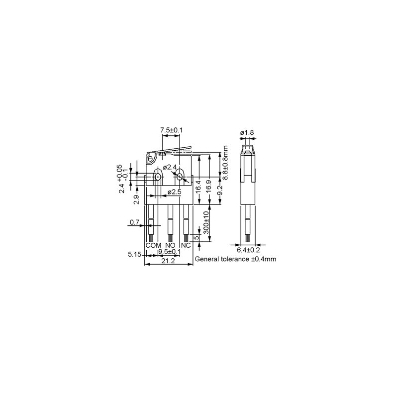MICROSWITCH med ARM 5A/125VAC 3A/250VAC med 30cm LEDNING IP67