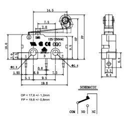 MICROSWITCH med RULLE P ARM 3A 125/250VAC 3.2mm TERMINALER