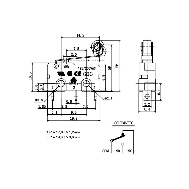 MICROSWITCH med RULLE P ARM 3A 125/250VAC 3.2mm TERMINALER