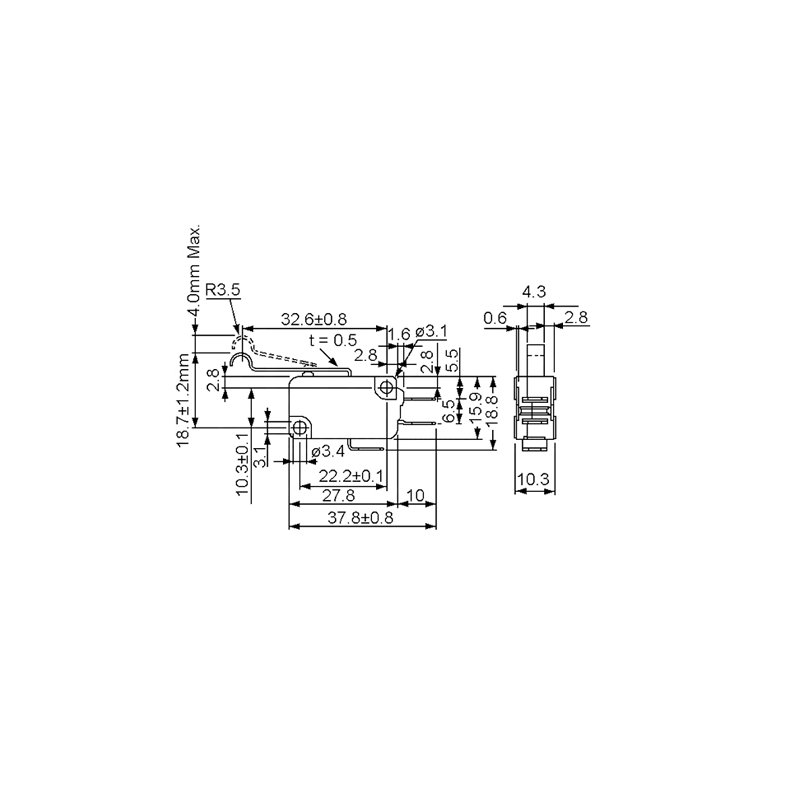 MICROSWITCH med KRUM ARM 16A 125/250VAC 4.8mm TERMINALER