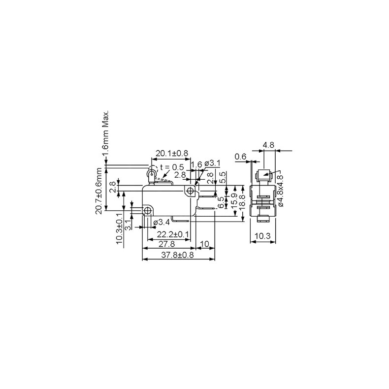 MICROSWITCH med RULLE P ARM 16A 125/250VAC 4.8mm TERMINALER