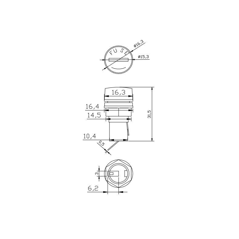Chassissikringsholder med gevindtop for 5x20mm sikring 13mm