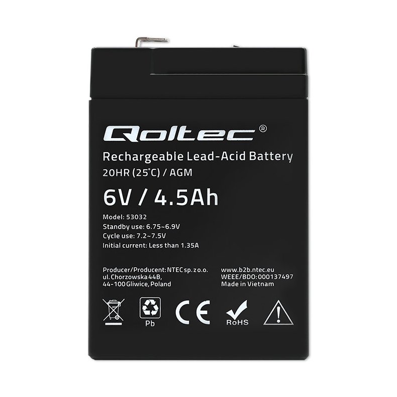 Blyakkumulator 70x48x102mm  6V/4.5Ah vedligeholdelsesfri gele