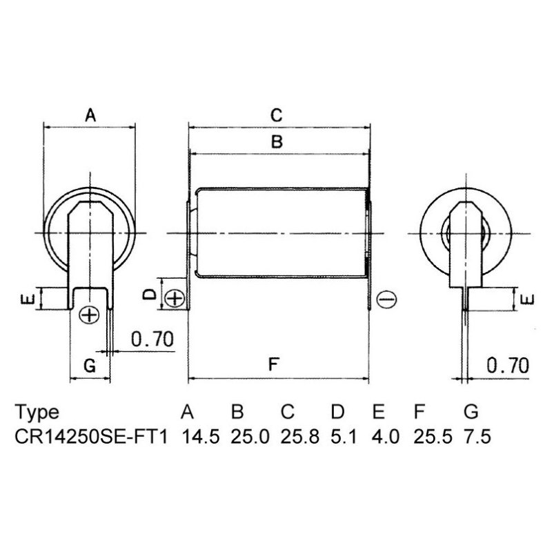LITHIUM 1/2AA 3.6V 750mA m. PRINTSPYD BATTERI CR14250SE-FT1 7.5mm