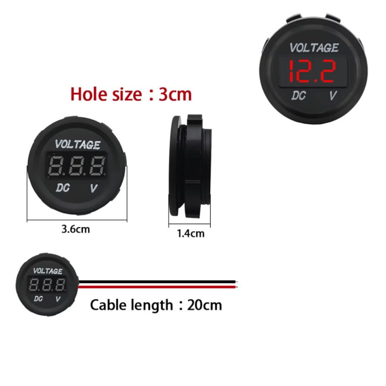Voltmeter digitalt LED 0-40Vdc rd 36mm vandtt