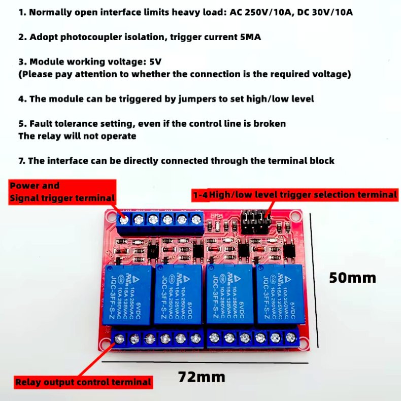 RELKORT MED OPTOKOBLER INDGANG 5VDC 4 KANALER 5V 250VAC/10A 30VDC/10A