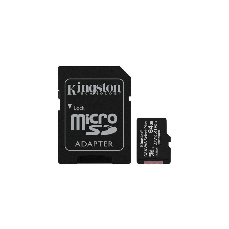 MicroSDXC KORT m. ADAPTER 64GB CLASS 10 KINGSTON SDXC I 100MB/s