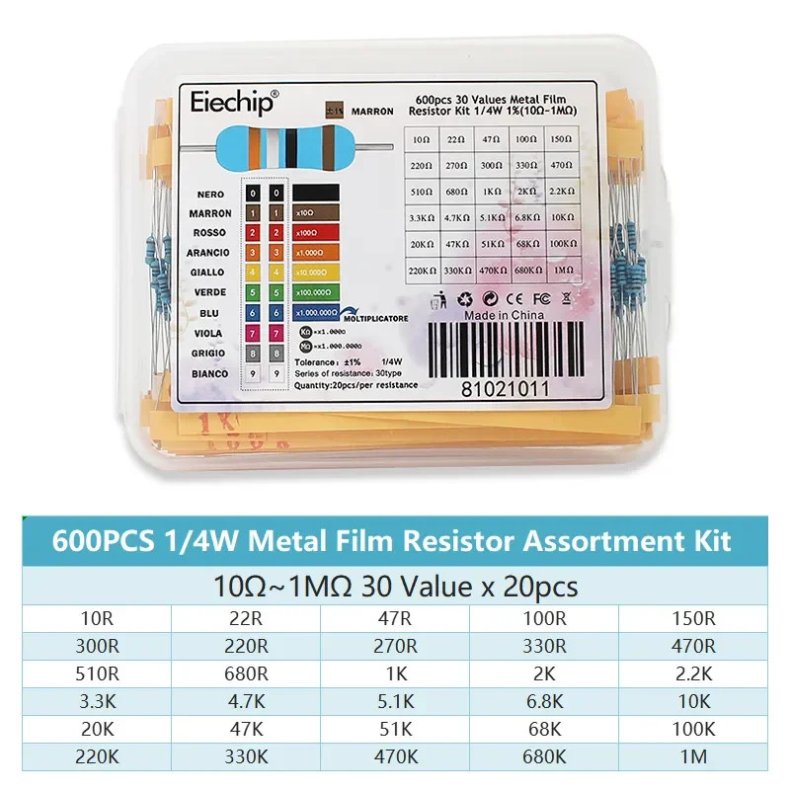 Modstandssortiment metalfilm 600stk. 30 vrdier 0207