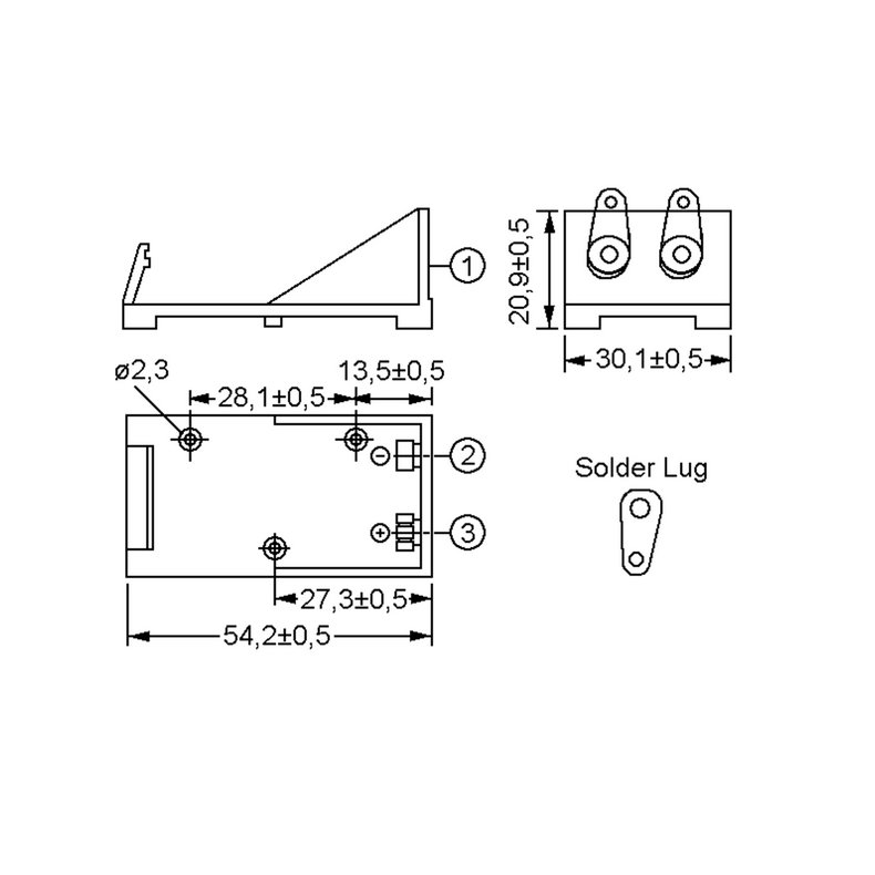 Battericontainer for 9V m. Loddeflige