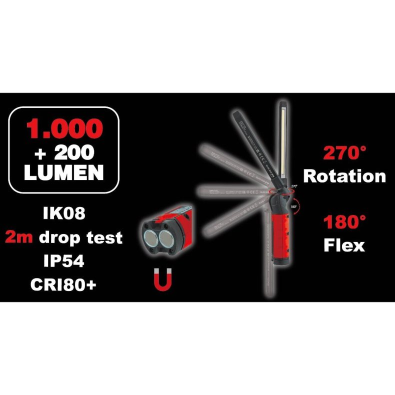 HAJ LIGHT trdls genopladelig foldelygte 1000 lm, smalt roterbart hoved, lader 20W USB-C