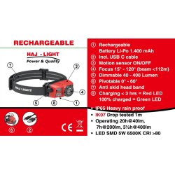 HAJ LIGHT genopladelig pandelampe 400 lumen, bevgelsesaktivering, fokuserbar, kipbar, USB-C