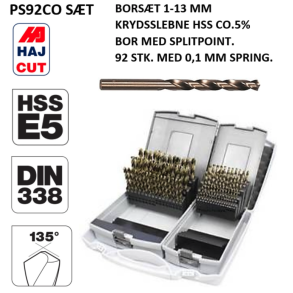 HSS borst 1 - 10 mm med kobolt. 92 slebne bor 0,1 mm spring DIN 338, splitpoint