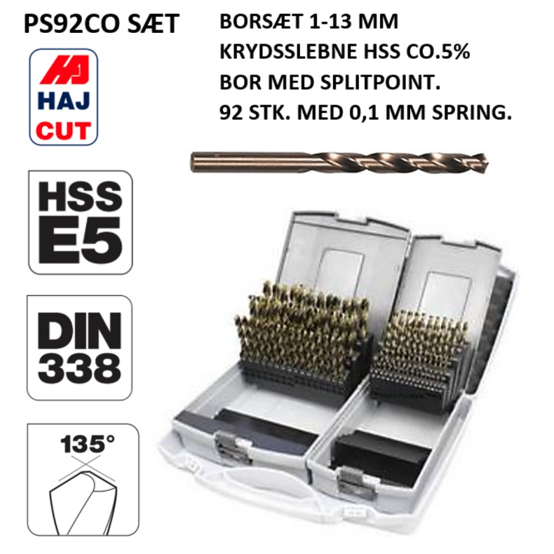 HSS borst 1 - 10 mm med kobolt. 92 slebne bor 0,1 mm spring DIN 338, splitpoint