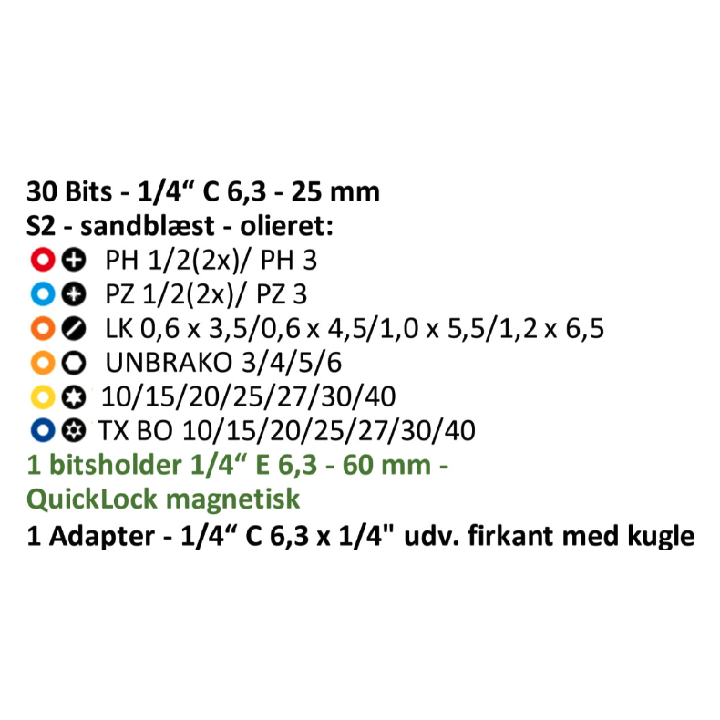 Cobit bits�t 1/4" med 32 dele PH - PZ - Ligek�rv - Unbrako - Torx