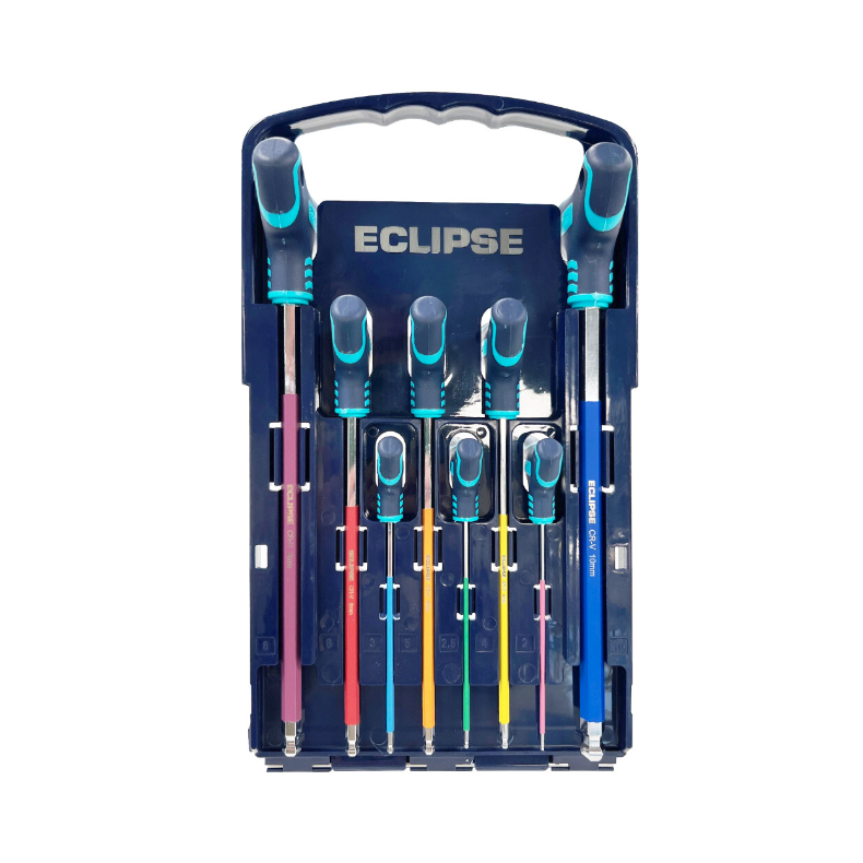 Eclipse farvekodede unbrako T-ngler m/kugle 2-10 mm med ergonomisk greb, inkl stander/kasse