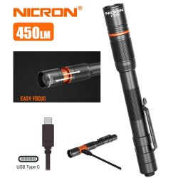 NICRON genopladelig Pen Light med fokus, 450 lumen kraftigt dmpbart lys, inklusiv USB-C ladekabel