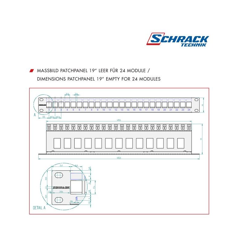 19" Patchpanel til 24 moduler, SFA/SFB, Schrack, 1U, Sort