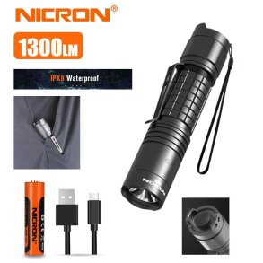 NICRON genopladelig stavlygte 1300 lm, IPX8 vandtt, USB-C kabel, lyshtte