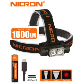 NICRON genopladelig alu pandelampe 1.600 lm, spotlys 1000 lm, bredt lys 800 lm, rd LED, USB-C kabel