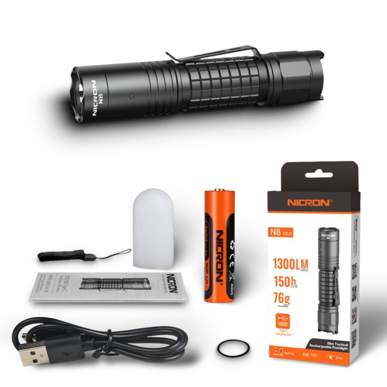 NICRON genopladelig stavlygte 1300 lm, IPX8 vandtt, USB-C kabel, lyshtte