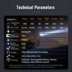 NICRON genopladelig stavlygte 1300 lm, IPX8 vandtt, USB-C kabel, lyshtte
