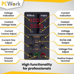 Laboratoriestrmforsyning 0-30Vdc 0-5A/ USB 5Vdc/2A